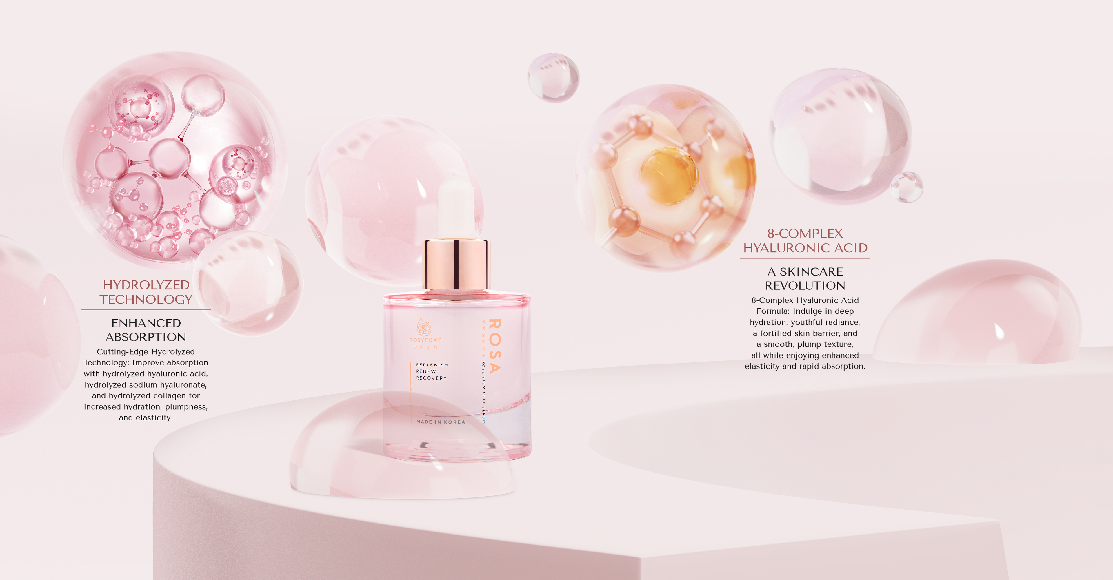 Rosy Foxy ROSA rose stem cell serum banner explaining hydrolyzed technology and 8-complex hyaluronic acid benefits.