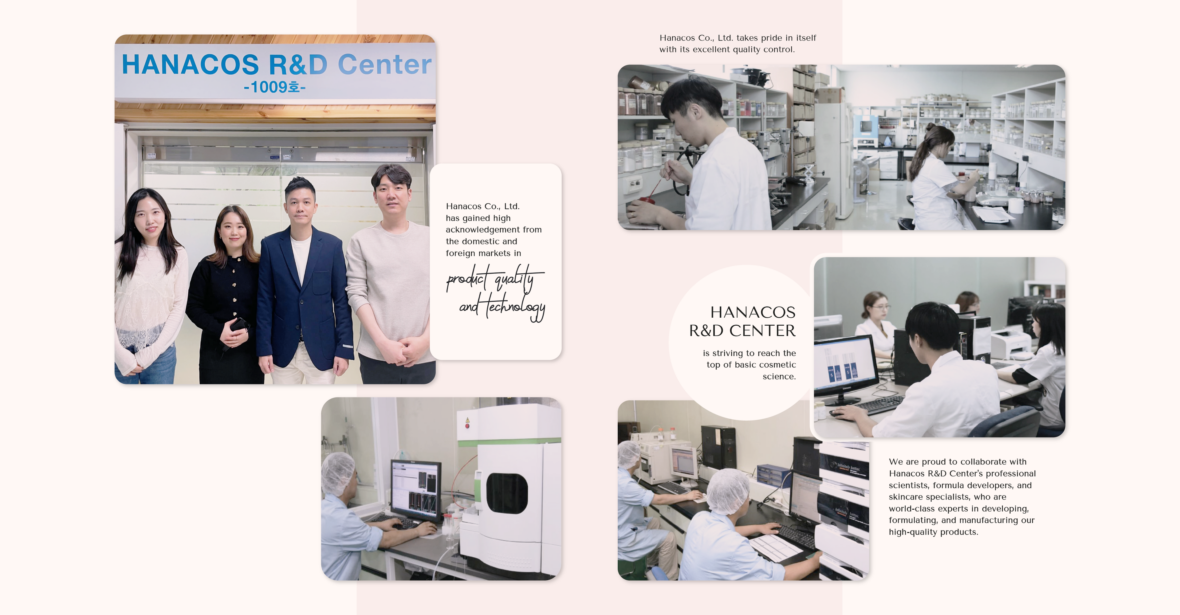 Scientists and formula developers working inside the Hanacos R&D Center skincare laboratory in Korea for Rosy Foxy skincare products.