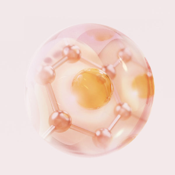 Hydrolyzed hyaluronic acid and collagen molecular cell sphere showcasing high-absorption skincare science.