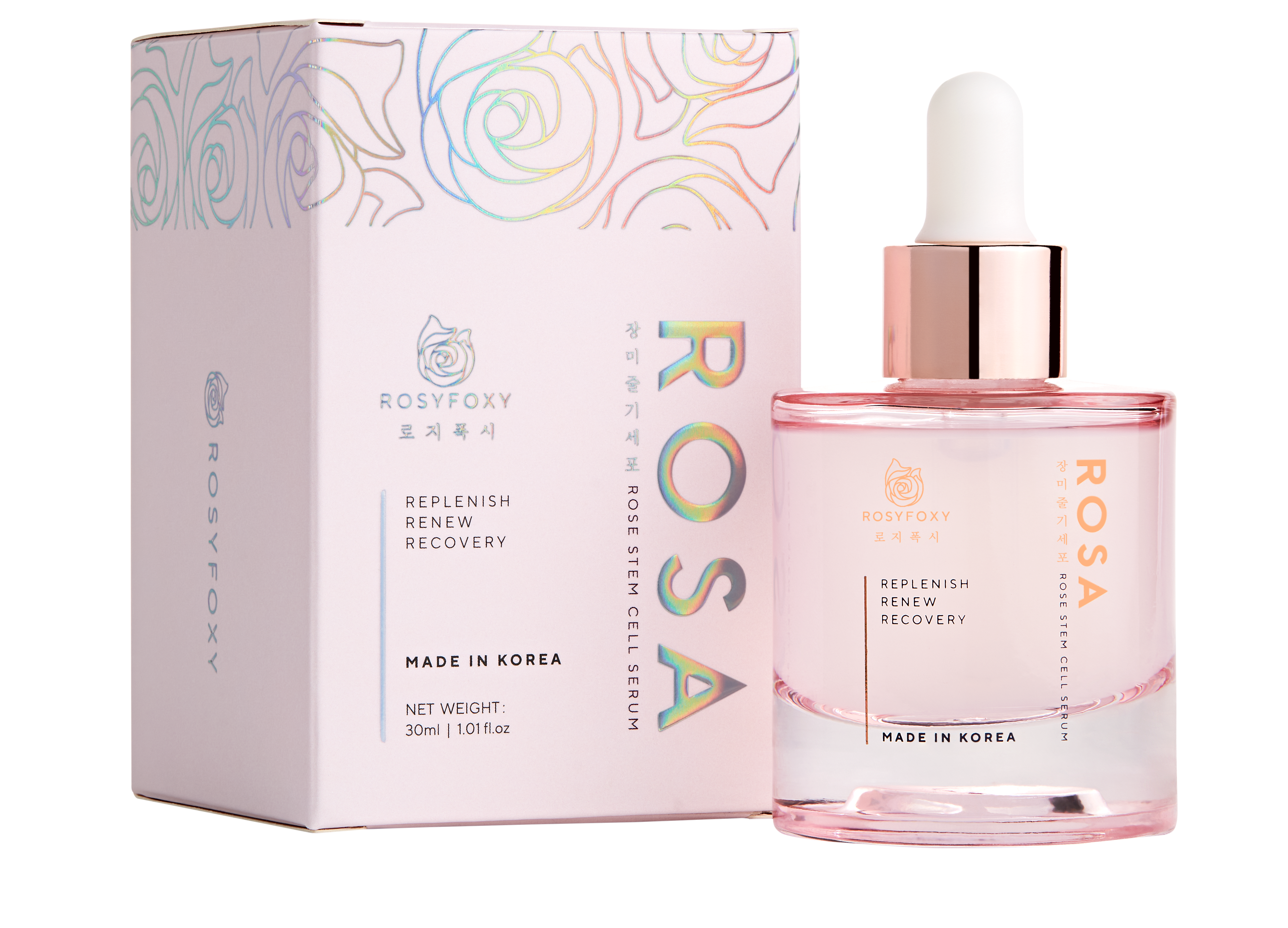 Rosy Foxy ROSA rose stem cell serum dropper bottle standing next to its premium pink packaging box.