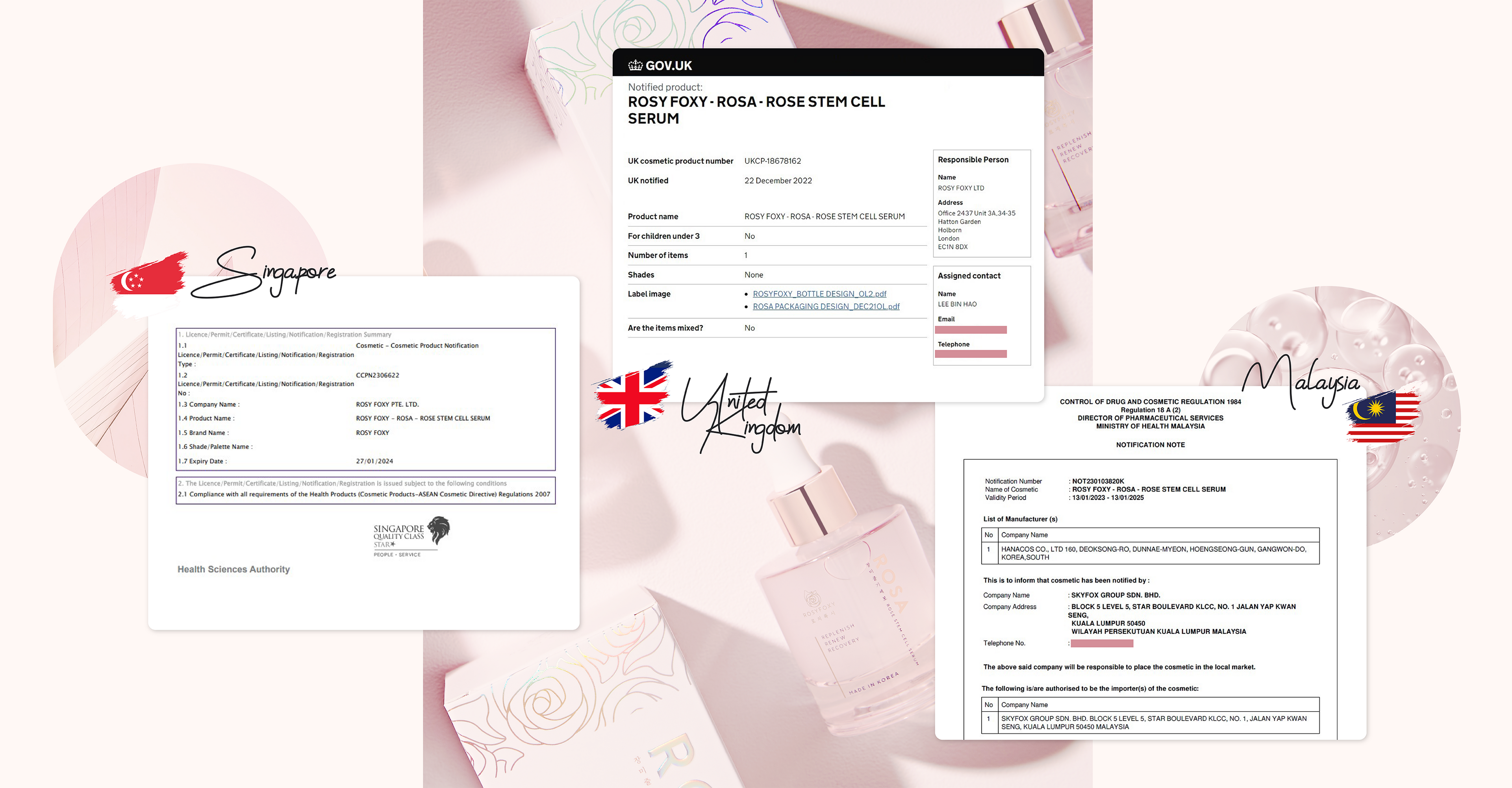 Official UK, Singapore HSA, and Malaysia health authority certifications for Rosy Foxy Rosa face serum.
